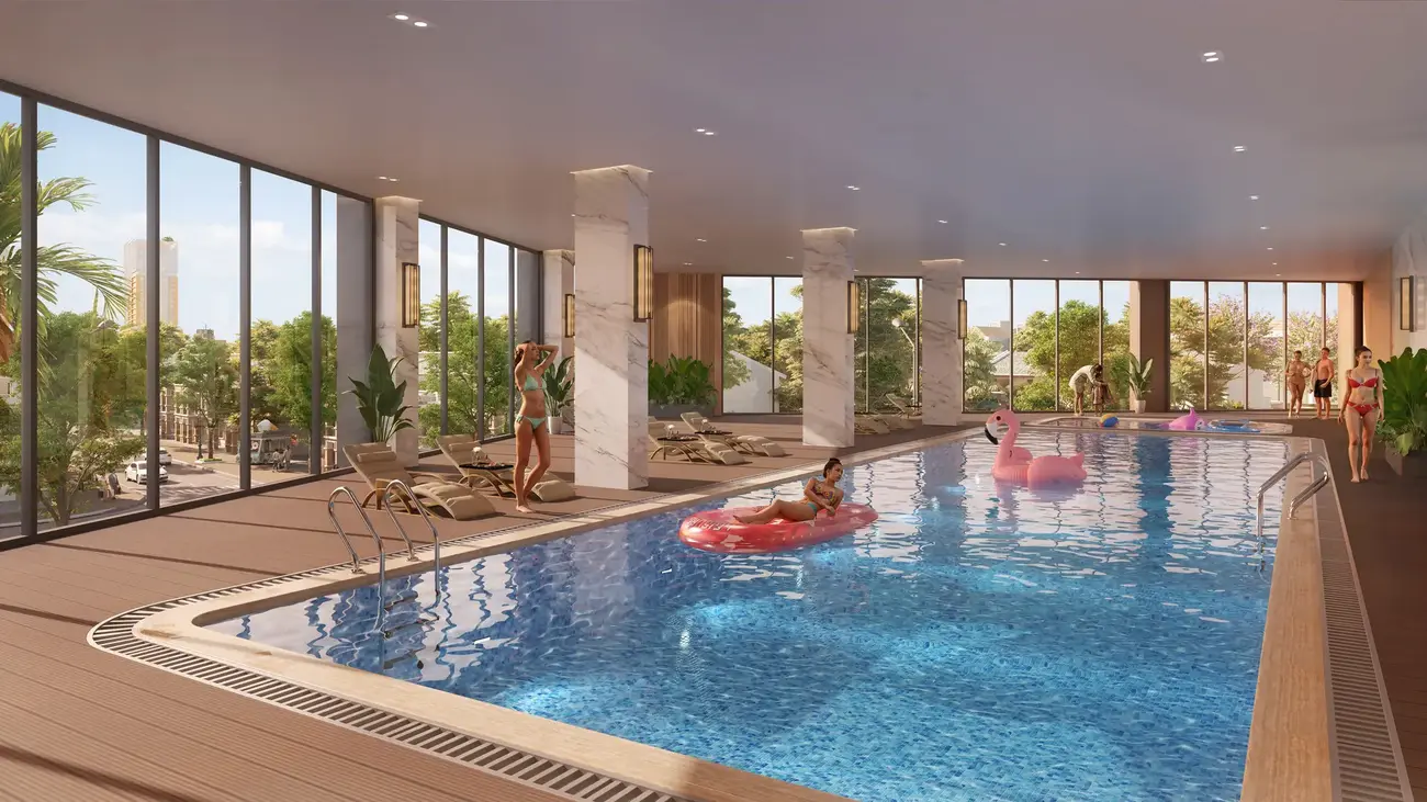 Tiện ích bể bơi trong nhà đẳng cấp tại Cora Tower, mang lại trải nghiệm sống hiện đại và tiện nghi.