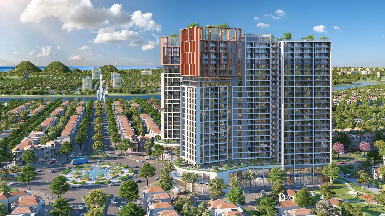 Tổ hợp căn hộ Cora Tower phía Nam Đà Nẵng đáp ứng nhu cầu an cư hiện đại. Ảnh phối cảnh: Sun Property
