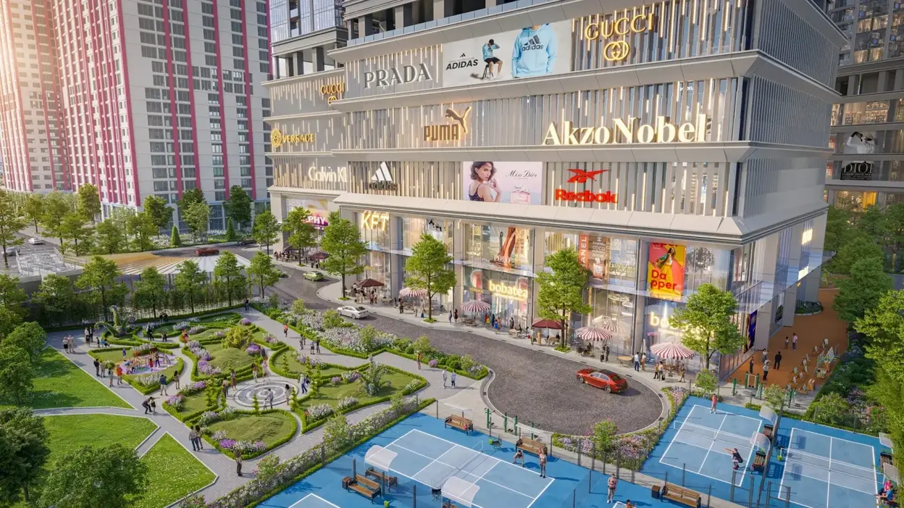 Khu vườn trung tâm Feliz Jardin với cảnh quan xanh mát và tiện ích cao cấp ngay dưới chân tòa nhà Sun Feliza Suites.