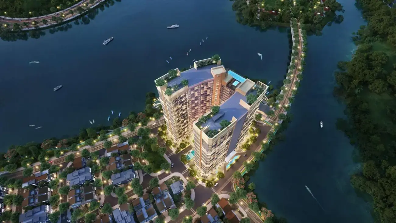 Tòa tháp The Charm, dự án đầu tiên tại Đảo Nam, tiếp giáp mặt nước với tầm nhìn sông và biển. Ảnh: Sun Group