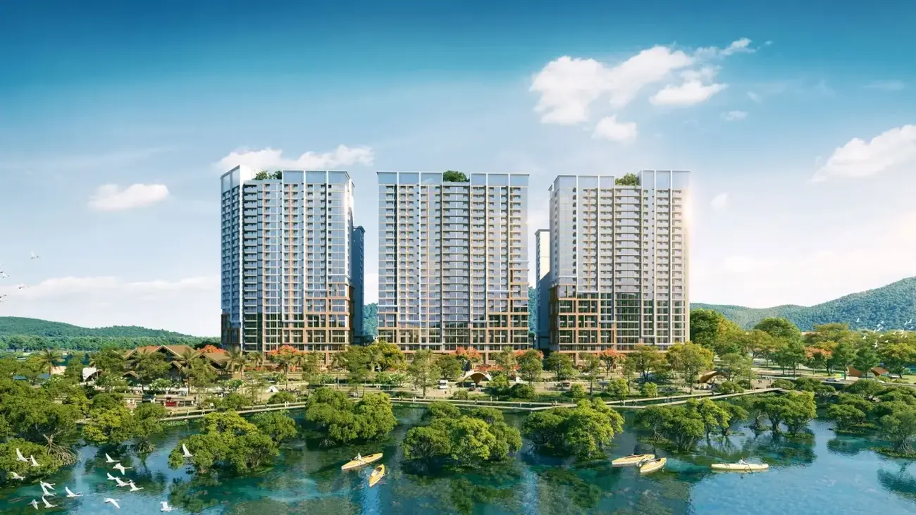 Phối cảnh 3 tòa tháp The Onsen tại đảo Nam với tầm nhìn sông, núi và biển. Ảnh: Sun Property