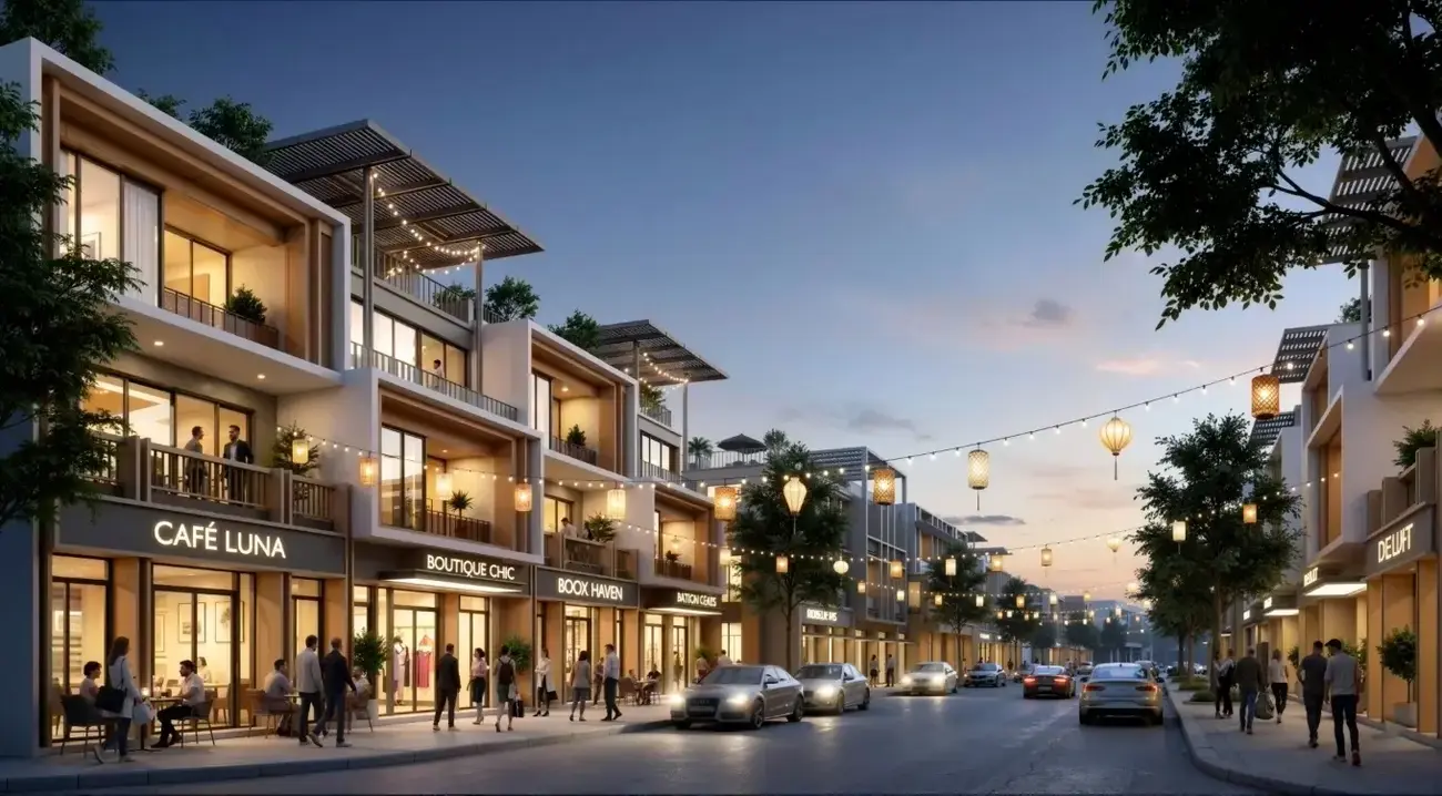 Phối cảnh khu phố thương mại tại Charmora City vào buổi tối. Ảnh: Sun Property