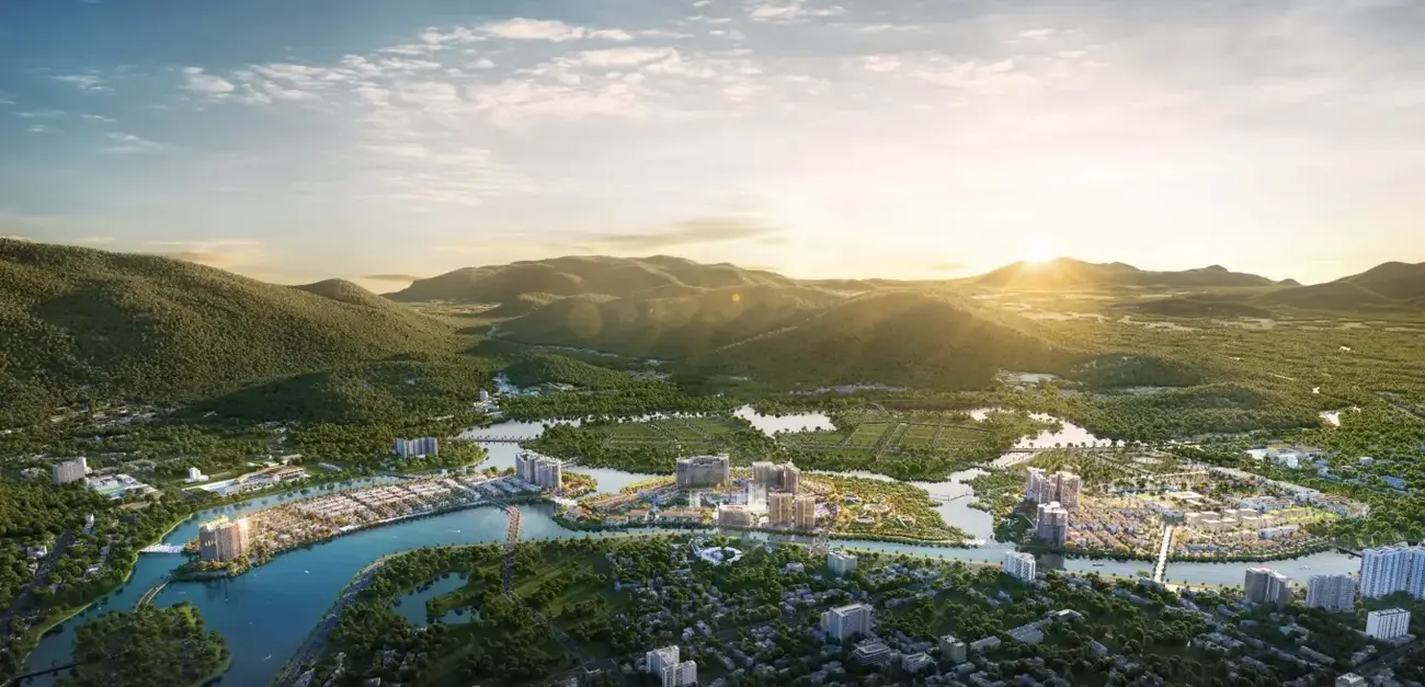 Phối cảnh tổng thể khu đô thị Charmora City trong không gian biệt lập và xanh mát. Ảnh: Sun Property