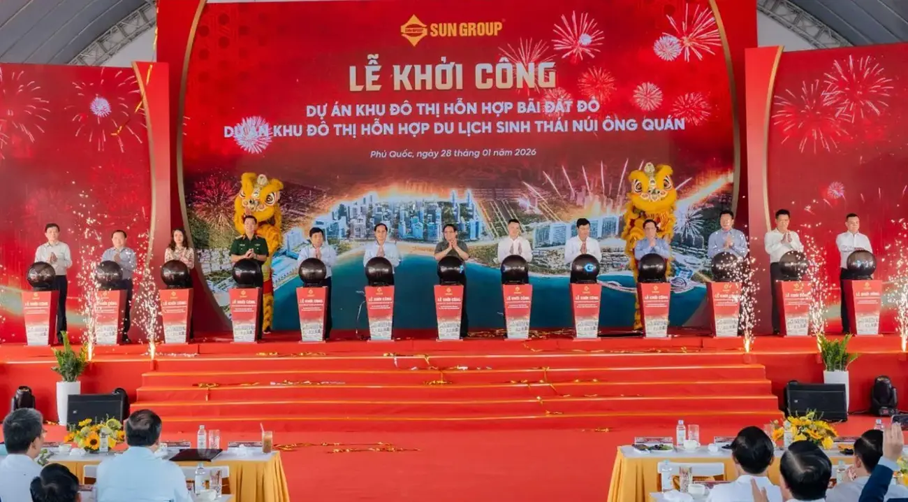 Thủ tướng dự lễ khởi công hai dự án APEC 2027 do Sun Group làm chủ đầu tư tại Phú Quốc vào sáng 28/1. Ảnh: Sun Group