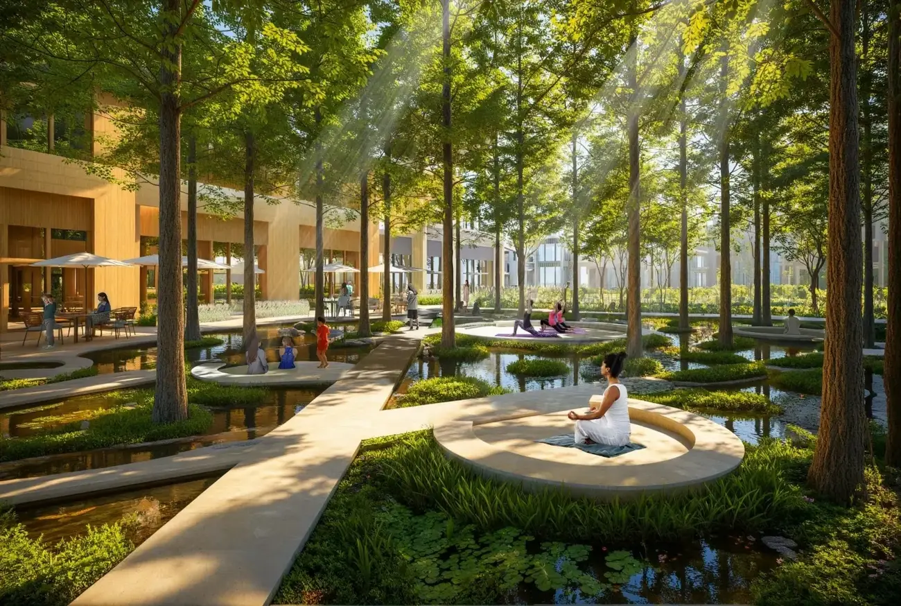 Khu vườn trị liệu với lối đi dạo và khu tập yoga tại đảo Nam, Charmora City, Nha Trang. Ảnh: Sun Property.