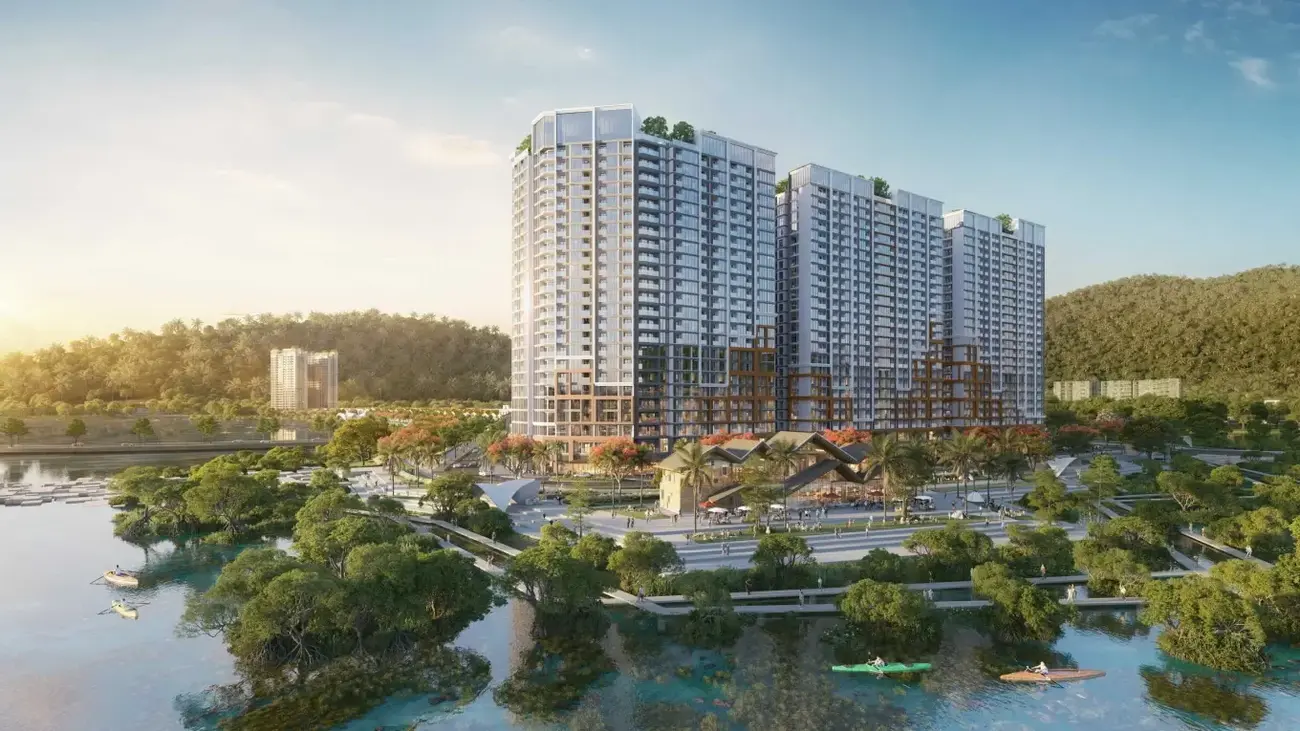 Phối cảnh tháp cao tầng The Charm và khu vực xanh tại đảo Nam, Charmora City. Ảnh: Sun Property