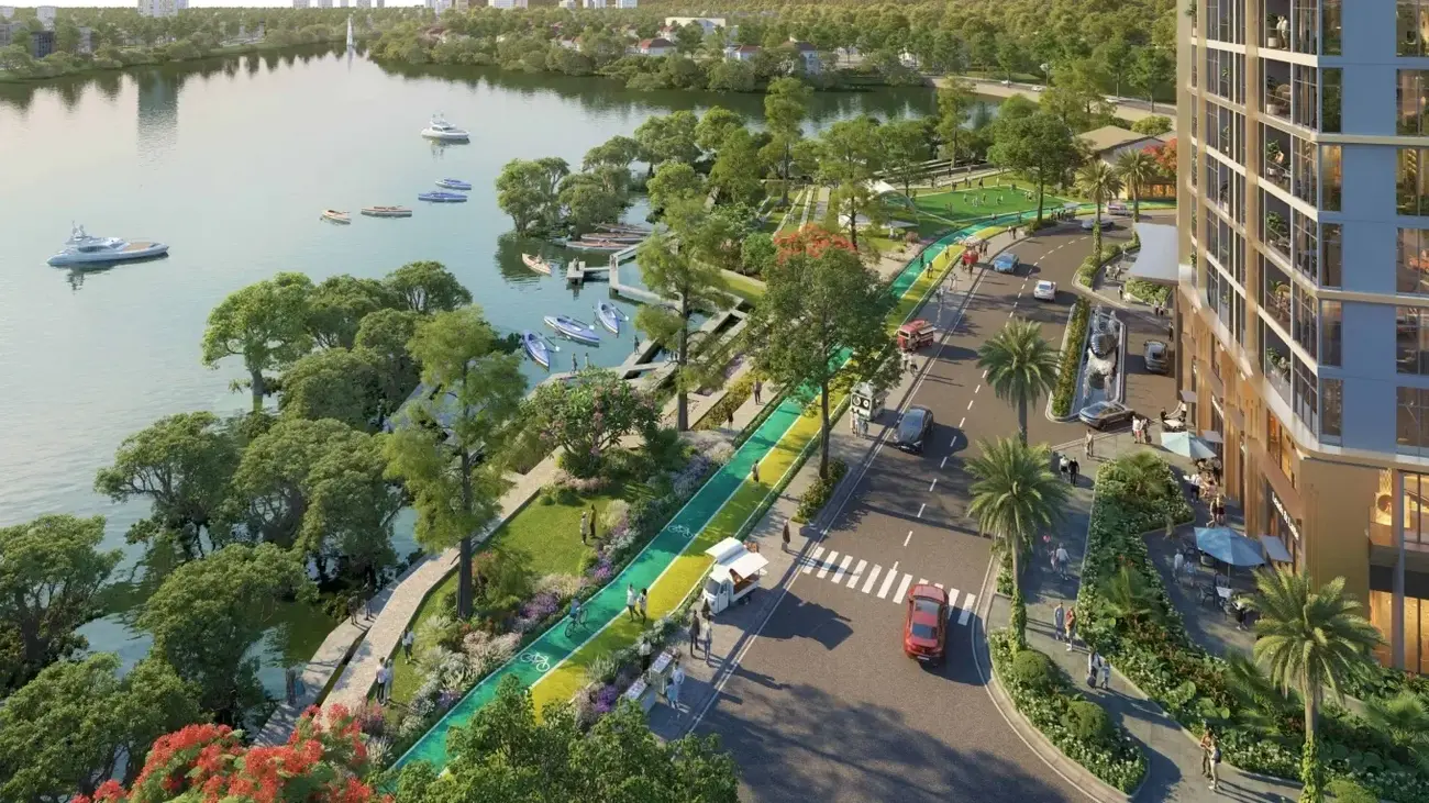 Cảnh quan ven hồ và khu phố đi bộ tại Charmora City. Ảnh: Sun Property