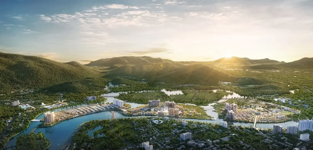 Tổng thể dự án Charmora City với ba đảo chức năng riêng biệt. Ảnh: Sun Property