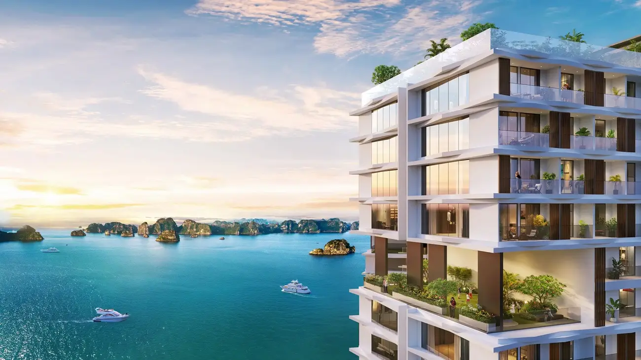Tòa tháp Thanh Long tại Xanh Island với thiết kế linh thú Thanh Long, 3 mặt hướng vịnh Lan Hạ. Ảnh phối cảnh: Sun Group
